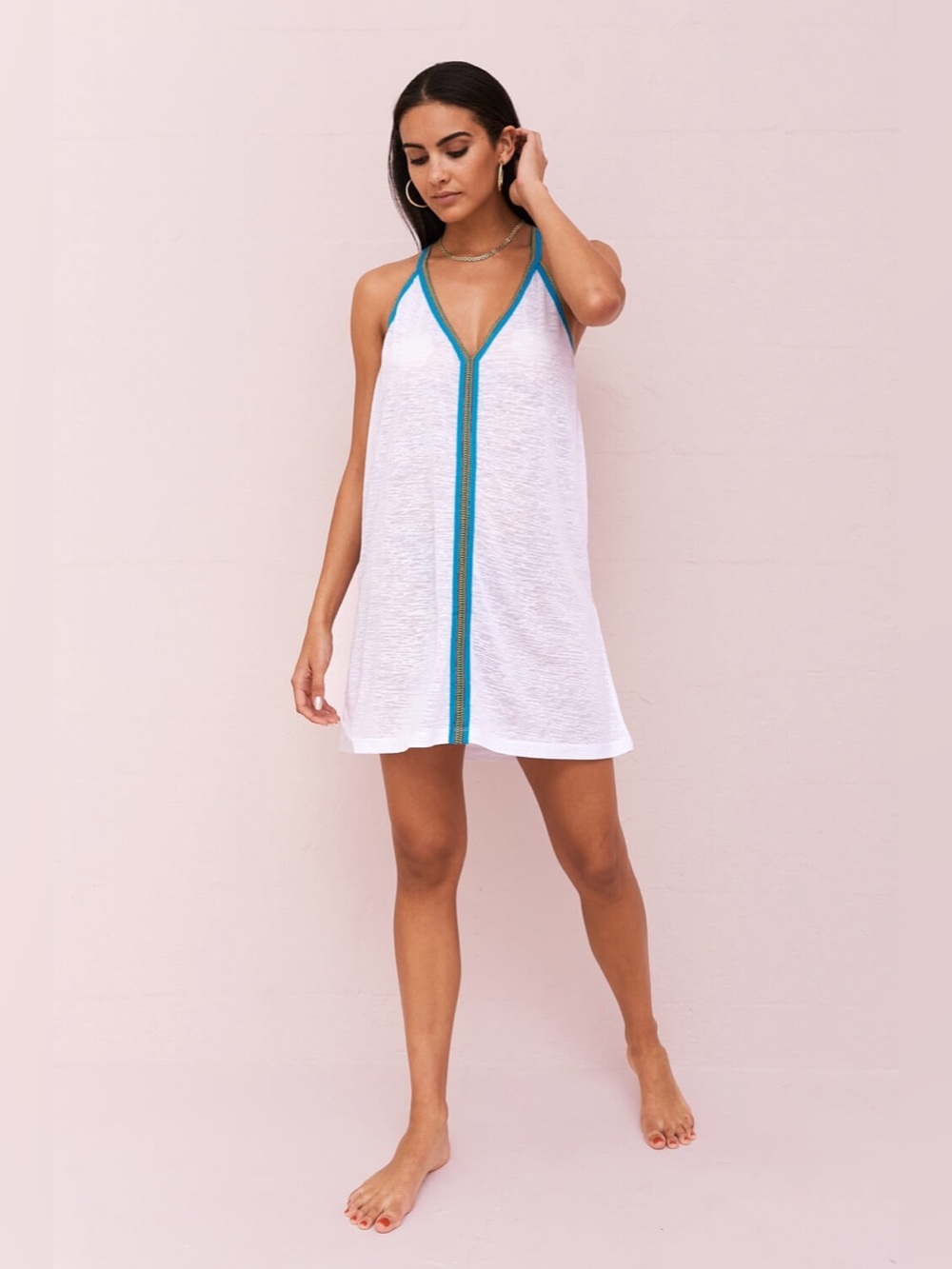 Pitusa Mini Sundress Coverup in White with Inca Trim, size S